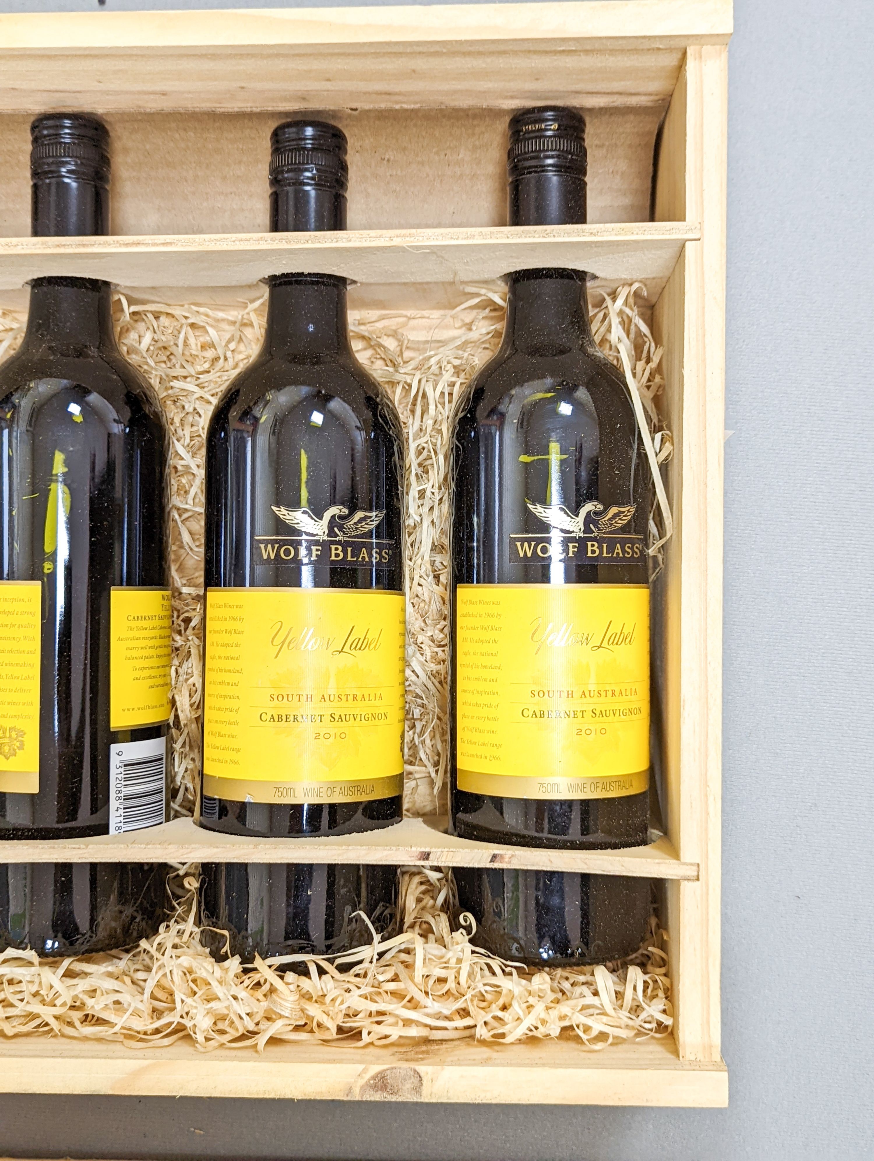 10 bottles of wine - 8 Wolf Blass yellow label Cabernet Sauvignon 2010, and two other bottles